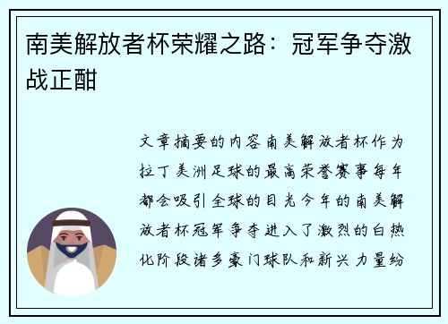 南美解放者杯荣耀之路：冠军争夺激战正酣